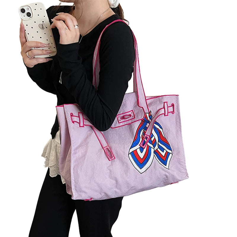 Japanese Nylon Silk Scarf Embroider Tote Bag Large Capacity Fashion Shoulder Bag for School Work Shopping Retro Handbag 2025 NEW