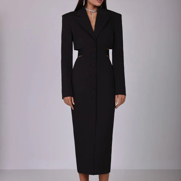 VGH High Street Hollow Out Tunic Dresses for Women Notched Collar Long Sleeve High Waist Spliced Button Temperament Dress Female