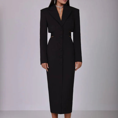 VGH High Street Hollow Out Tunic Dresses for Women Notched Collar Long Sleeve High Waist Spliced Button Temperament Dress Female