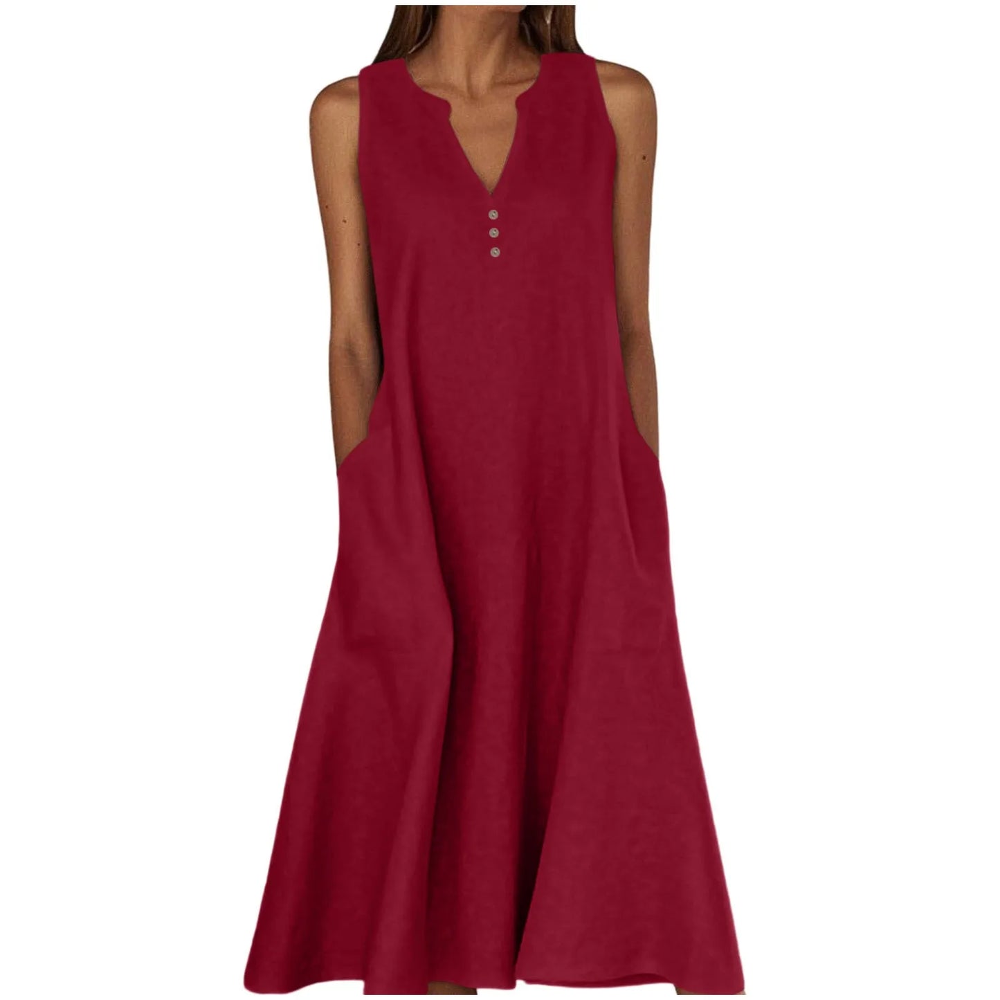 Women's Summer Casual V-neck Button Solid Color Sleeveless Long Dress With Pockets Female Elegant Trendy Casual Loose Dresses