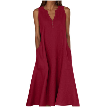 Women's Summer Casual V-neck Button Solid Color Sleeveless Long Dress With Pockets Female Elegant Trendy Casual Loose Dresses