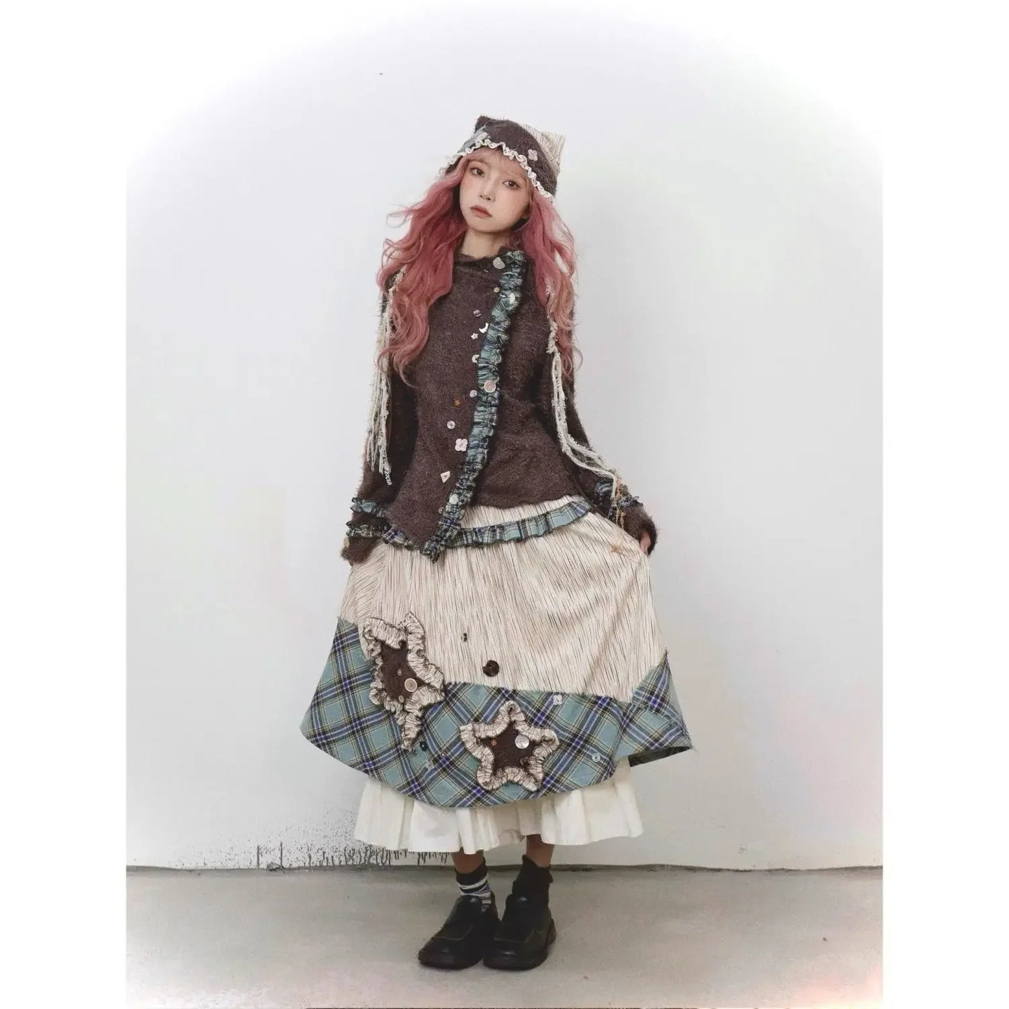 Autumn/Winter Retro Plaid Long Skirt Wandering Style High Waist Slimming Spliced A-line Loose Casual Vintage Skirt for Women