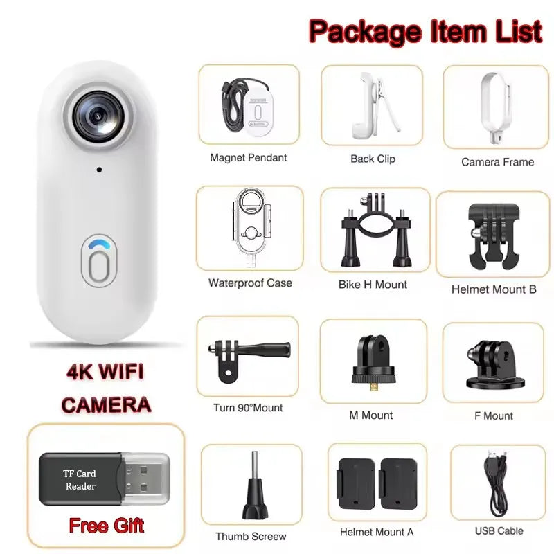 Action Camera 4K HD WiFi 2.4GMini Cameras Waterproof Magnetic Clip Click Chest Body Motorcycle POV Wearable Thumb Video Vlog