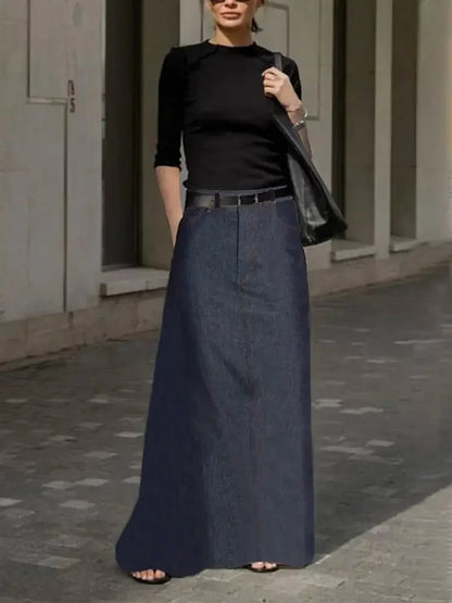 Fashion Imitation Denim H-Line High Waist Skirts Spring Summer Loose Solid Color Pockets Maxi Skirt For Women