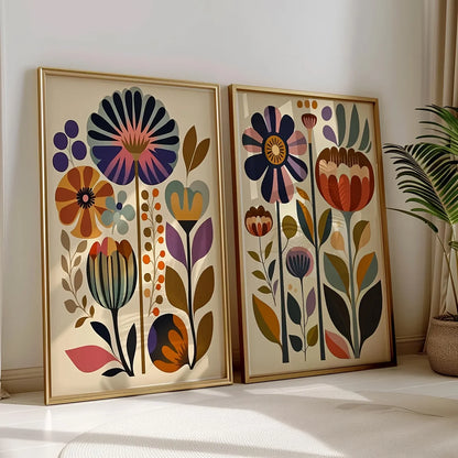 2pcs Modern Scandinavian Wall Art Posters, Noframed Norwegian Folk Decor Boho Floral Print,Nordic Painting for Living Room Decor