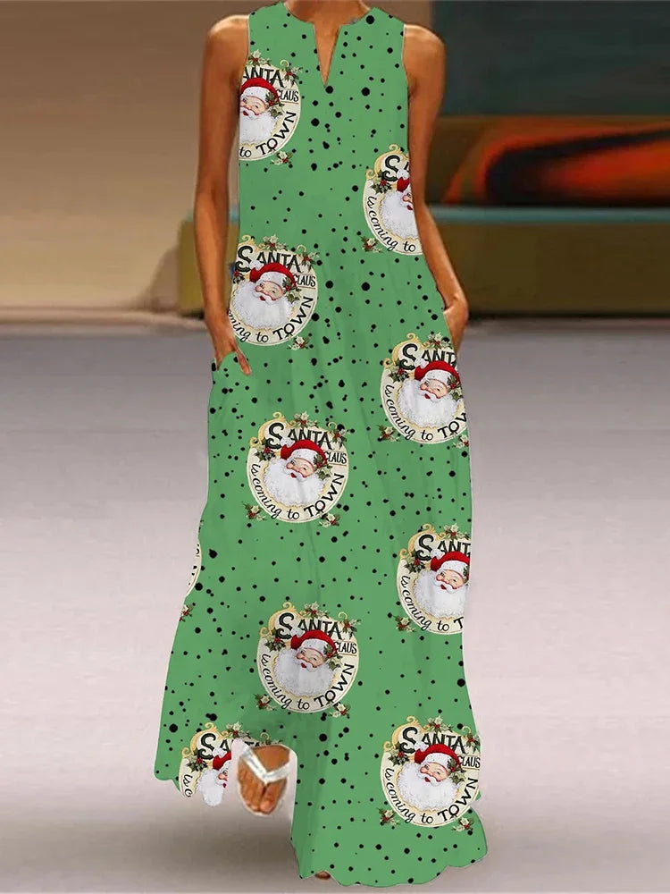 Christmas Tree 3D Printing Dress Fashion Sexy Sleeveless V-neck Long Dress Casual Party Maxi Female Dress Street Fashion Dresses