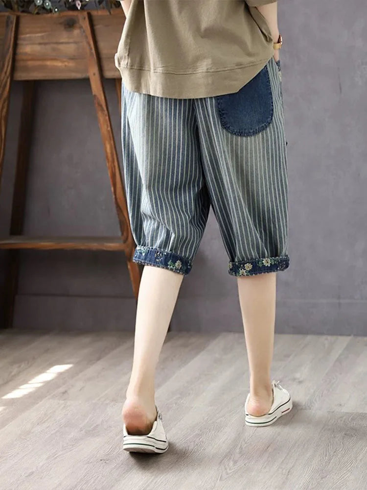 Amax luluE 2025 Summer Fashion Printed Jeans Chinese Women Casual Loose Striped Denim Pants Ladies Floral Vintage Harem Trousers