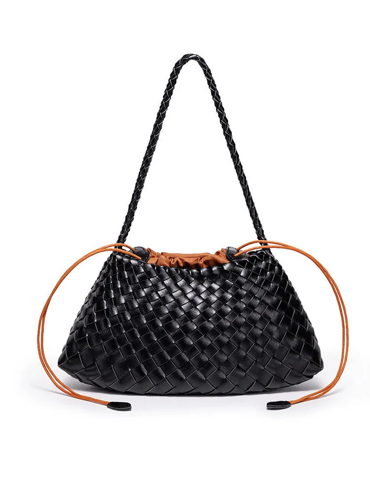 Women's Woven Shoulder Bag Soft Leather Tote Bag with Drawstring Inner Bag 2-In-1 Bucket Bag for Daily Commute Handbag