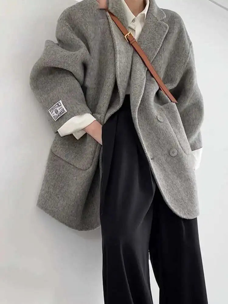 [EWQ] Korean Loose Long SleeveTurn-down Collar Solid Woolen Coats Women Double-faced Cashmere Coat Winter 2025 Autumn 16O1639