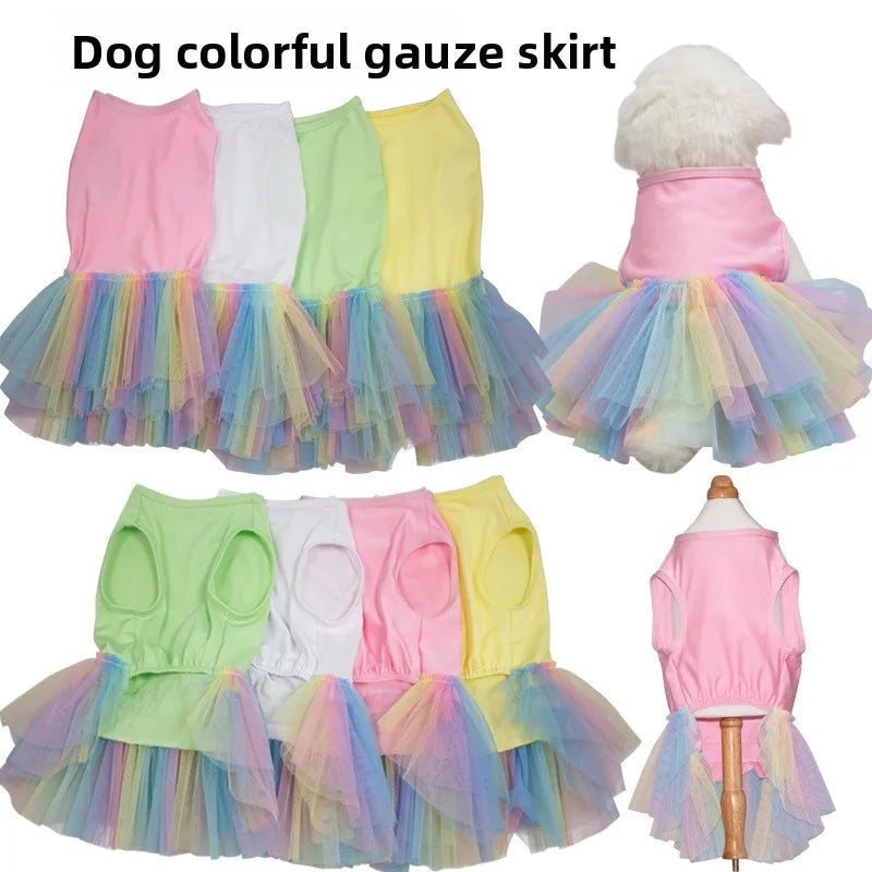 Dog Dress for Small Dogs Cute Rainbow Tulle Skirt Clothes Sweet Princess Pet Dress Breathable Doggy Apparel Summer Dog Clothing
