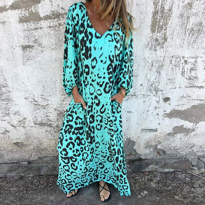 Vintage Leopard Print Loose Long Dresses Women 2025 Spring Elegant V Neck Pocket Maxi Dress Autumn 3/4 Sleeve Boho Holiday Dress