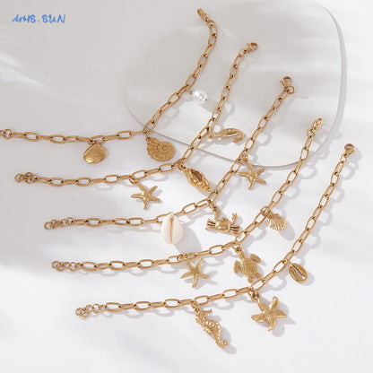 MHS.SUN Summer Starfish Conch Crab Charms Chain Bracelets Trendy Stainless Steel Ocean Style Beach Waterproof Jewelry For Women