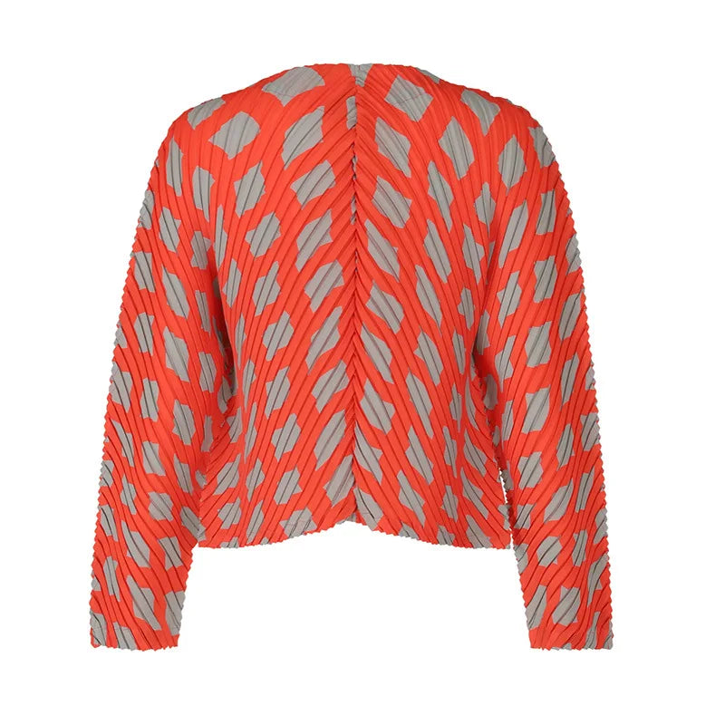 Miyake Pleated Twill Color Blocking Long Sleeved Jacket Women New Fashion Double Button Causal Short Coats