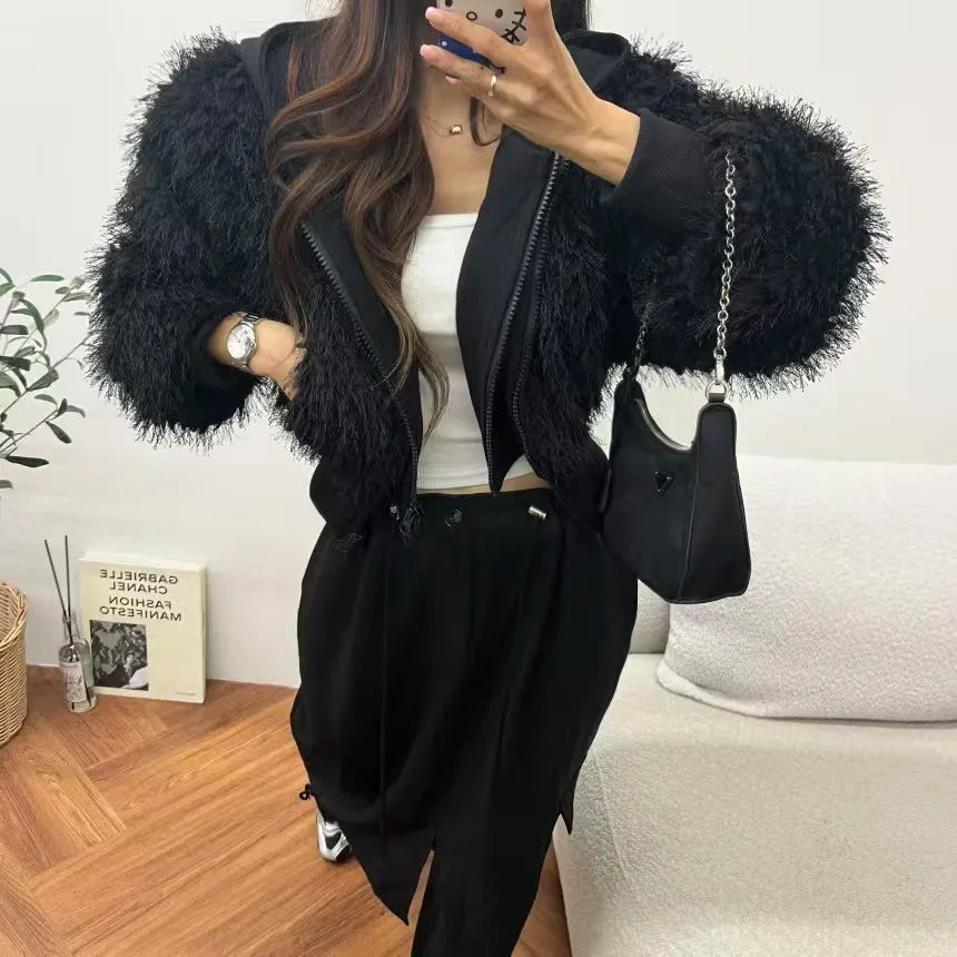 Women's Winter Thiened ort Coat Chic Loose Fit Furry Zipper Hooded Faionable Top Quali Leather Fur Stand Edition
