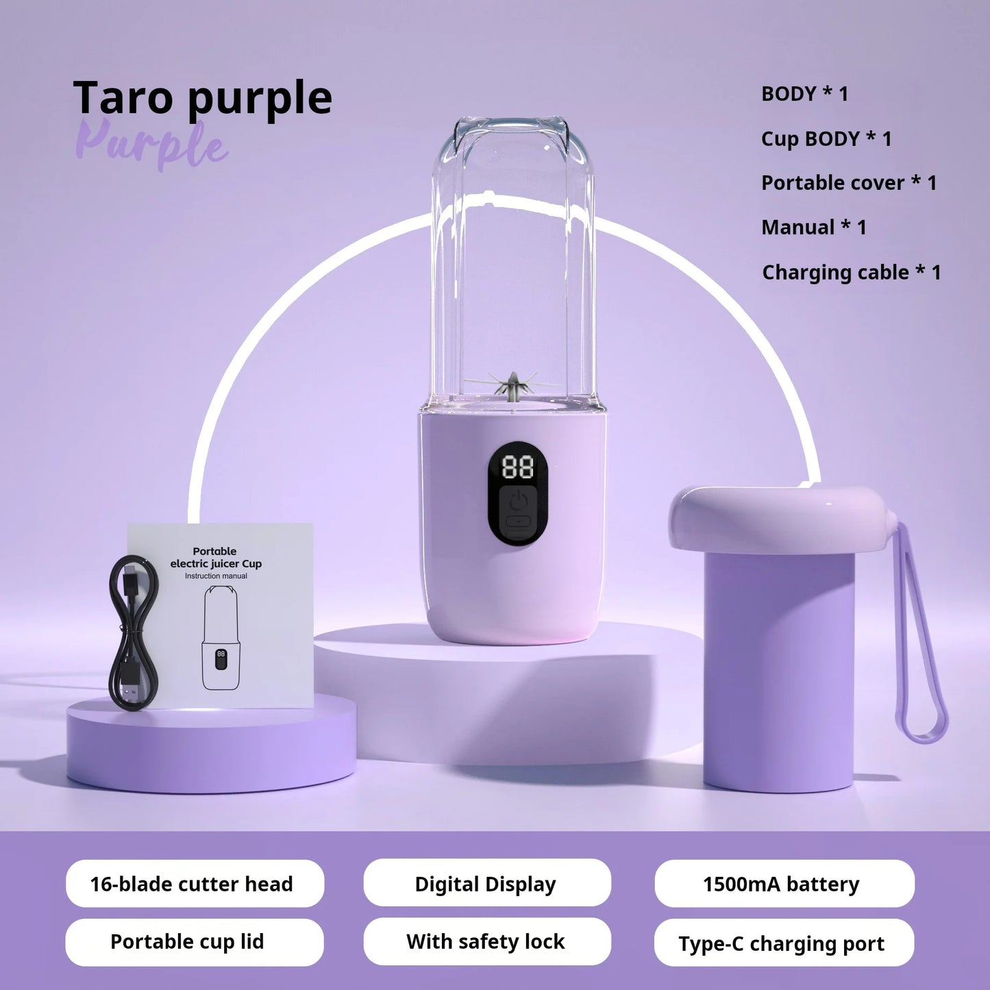 Portable Blender with Lid 500ML Rechargeable Wireless Orange Juicer 16 Stainless Blades USB Smoothie Vegetables Fruits Mixer