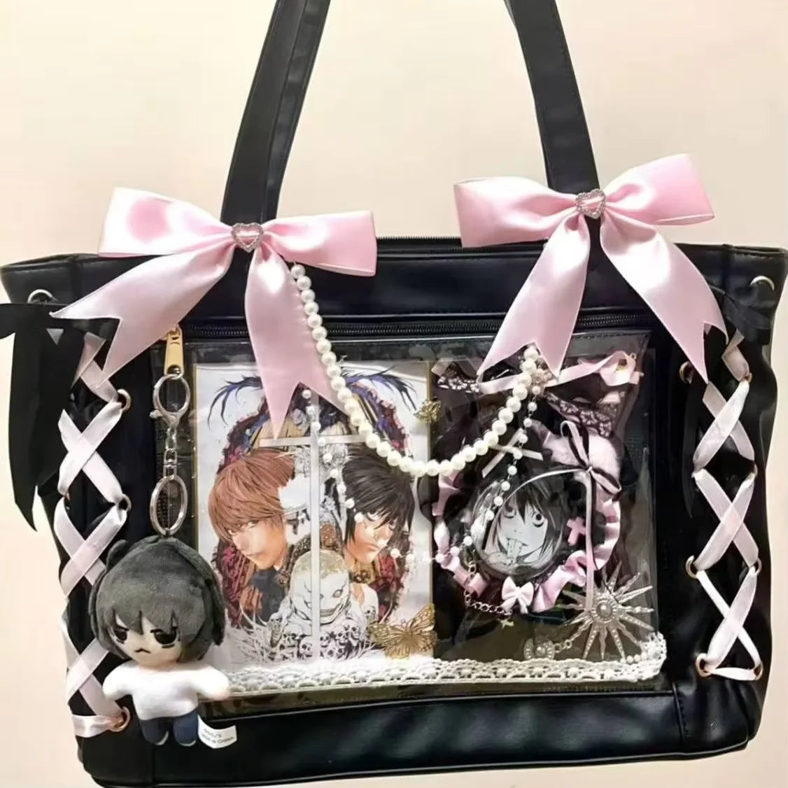Japanese Sweet Women Ribbon Ita Bag Cute Lolita Girl Transparent Handbags Fashion Large Capacity Tote Bag Aesthetic Shoulder Bag