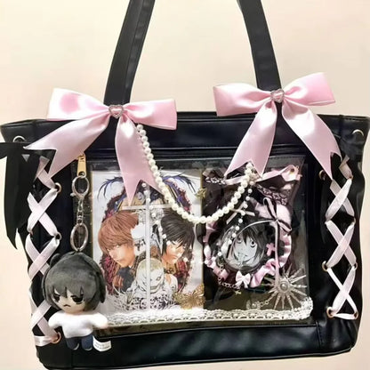 Japanese Sweet Women Ribbon Ita Bag Cute Lolita Girl Transparent Handbags Fashion Large Capacity Tote Bag Aesthetic Shoulder Bag