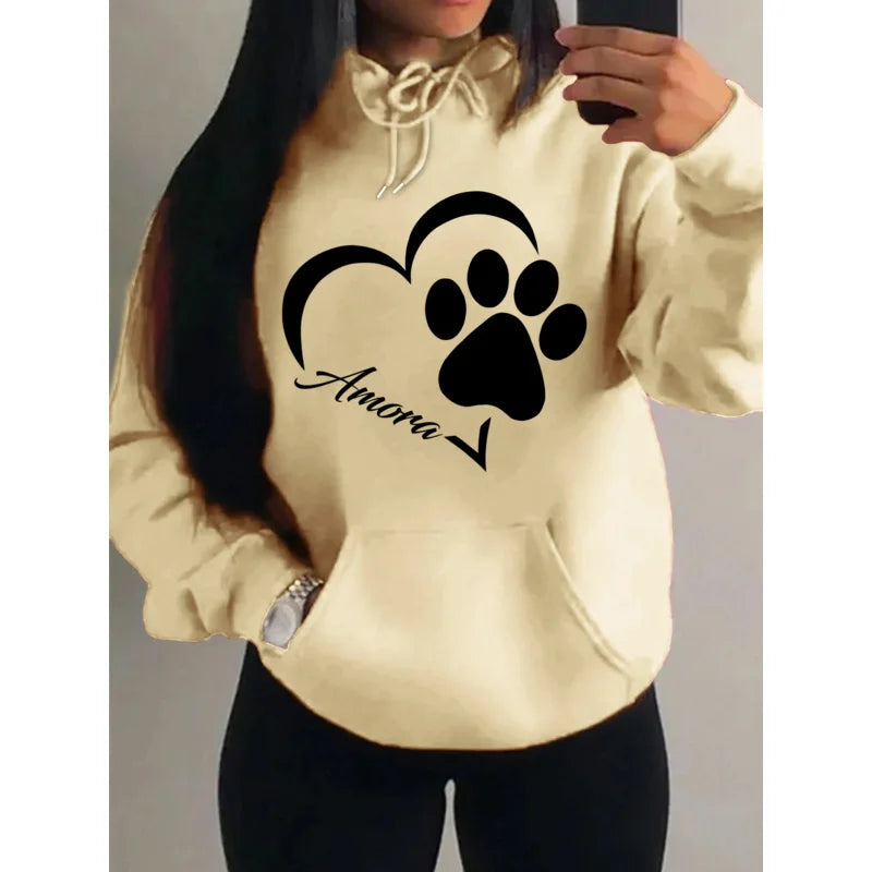 Love And Little Cat Foot Creative Print Women Hoody Fashion Autumn Sweatshirt Pocket Hoodie Sport Style Comfortable Pullover