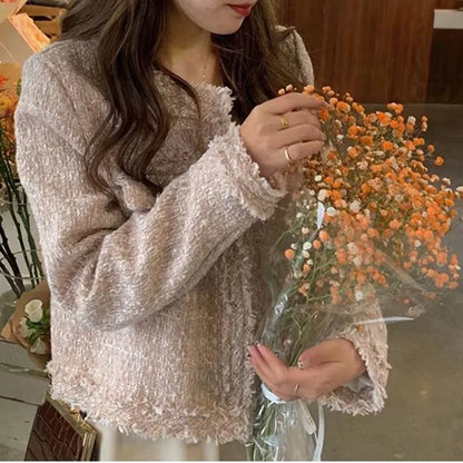 HJLZWB New Fashion Korean Chic Vintage Tweed Woolen Jacket Coat Women Autumn Single Breasted Plaid Tassel Office Lady Outwea2023