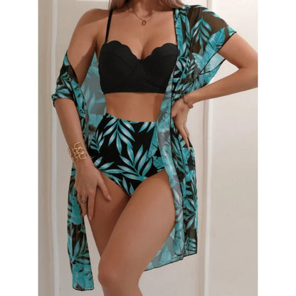 Elegant Printing 3 Piece Bikini Set Women Swimsuit Vintage High Waist Bikini Mesh Cover Up 2025 New Bathing Suit Biquini Female