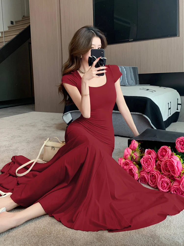 Summer Fashion Elegant Vacation Beach Mermaid Long Dress Women Clothes Sweet Short Sleeve Skinny Party Prom Vestidos Robe Femme