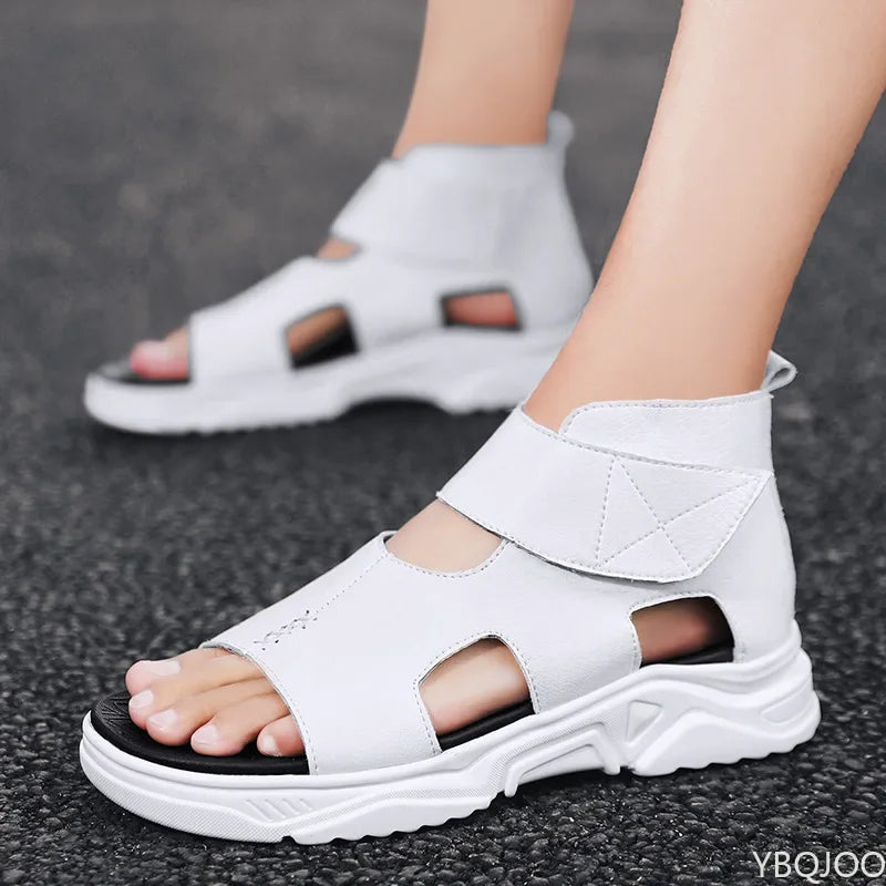 Black Sandals For Men High-Top Platform 2022 Summer Shoes Designer Fashion Breathable Casual Leather Soft Beach Slippers