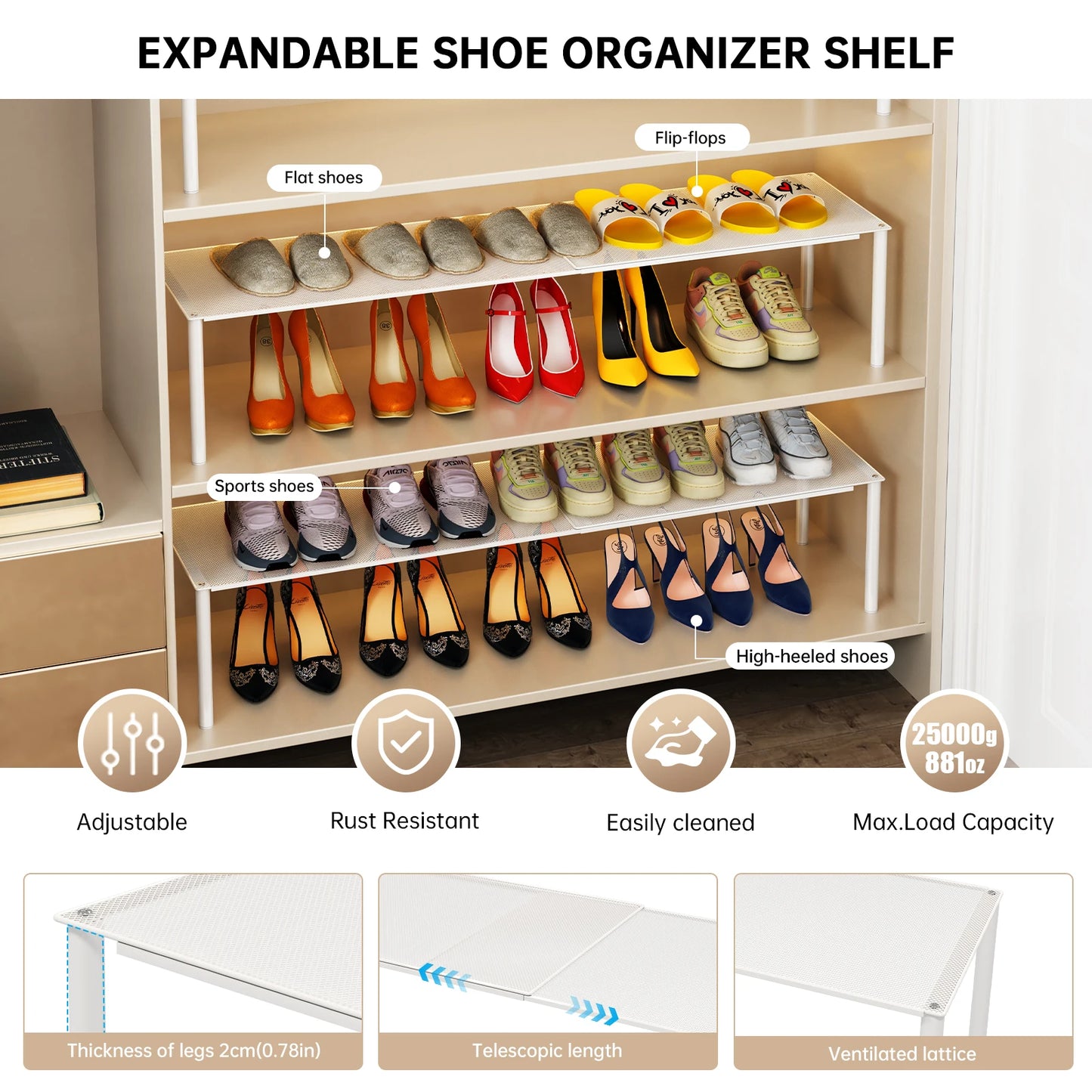 Shoe Cabinet Storage Solution, Space-Saving Shoe Rack, Shoe Organizer, Adjustable and Extendable Double-Layer Partition for Shoes Inside the Cabinet