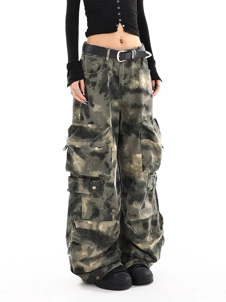 American Vintage Multi-pocket Camouflage Overalls Pants Women Y2K Streetwear Wide Leg Pants Popular Casual Straight Pants