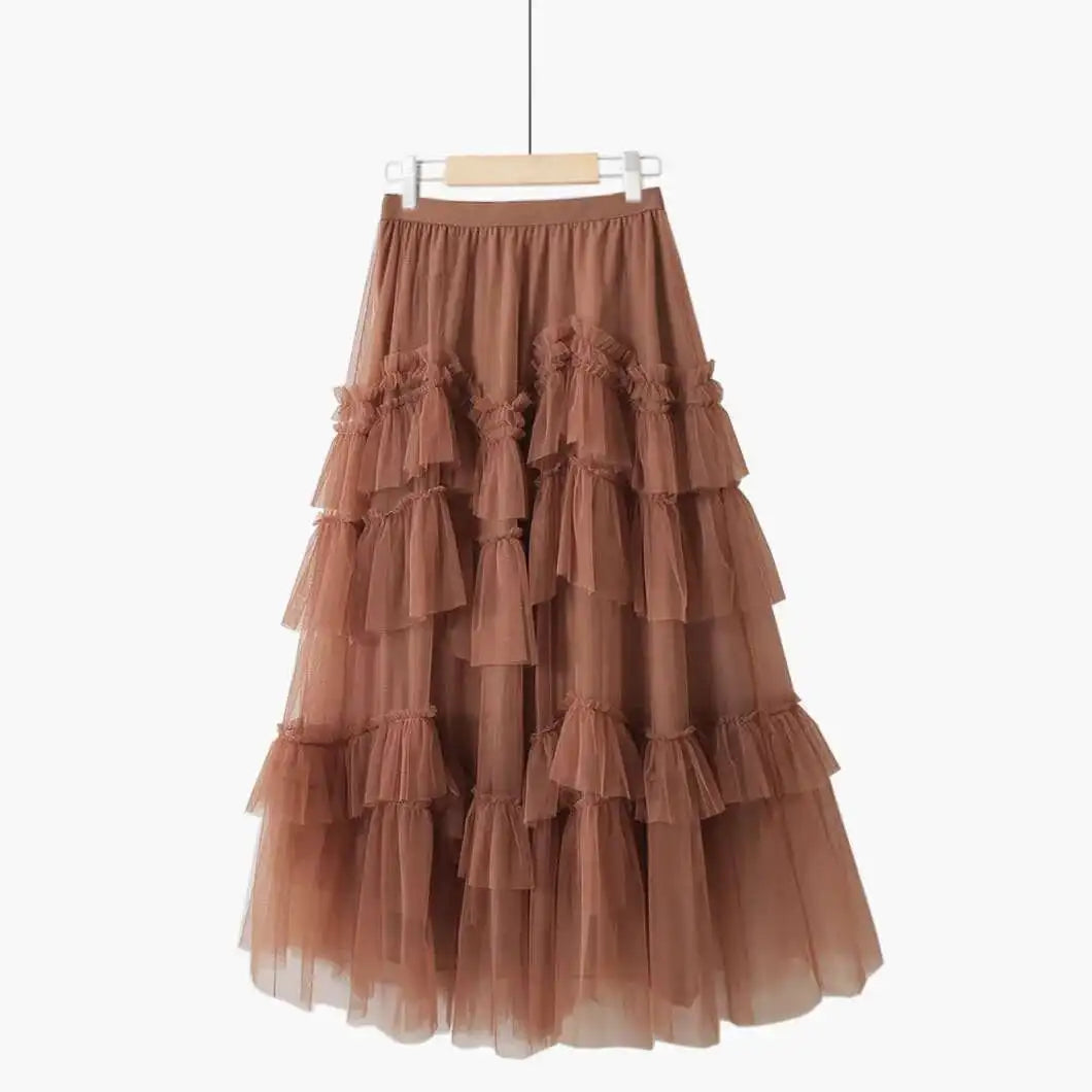 XFPV 2025 Autumn Summer Fashion Elegant Purple Cake Skirt Women Ruffles All-Match Mesh Stitching High Waist Midi Faldas SM1982