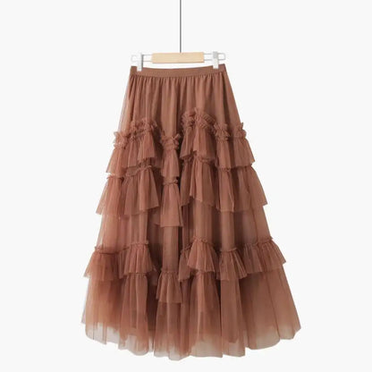 XFPV 2025 Autumn Summer Fashion Elegant Purple Cake Skirt Women Ruffles All-Match Mesh Stitching High Waist Midi Faldas SM1982