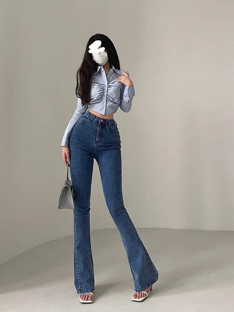 2024 Y2K High Waist Jeans Women Spring Sexy Hot Girl Casual Peach Love Pocket Flare Pants Female Bodycon Korean Denim Trousers