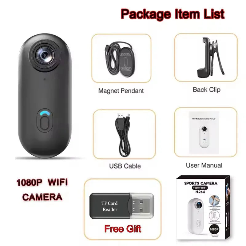 Action Camera 4K HD WiFi 2.4GMini Cameras Waterproof Magnetic Clip Click Chest Body Motorcycle POV Wearable Thumb Video Vlog