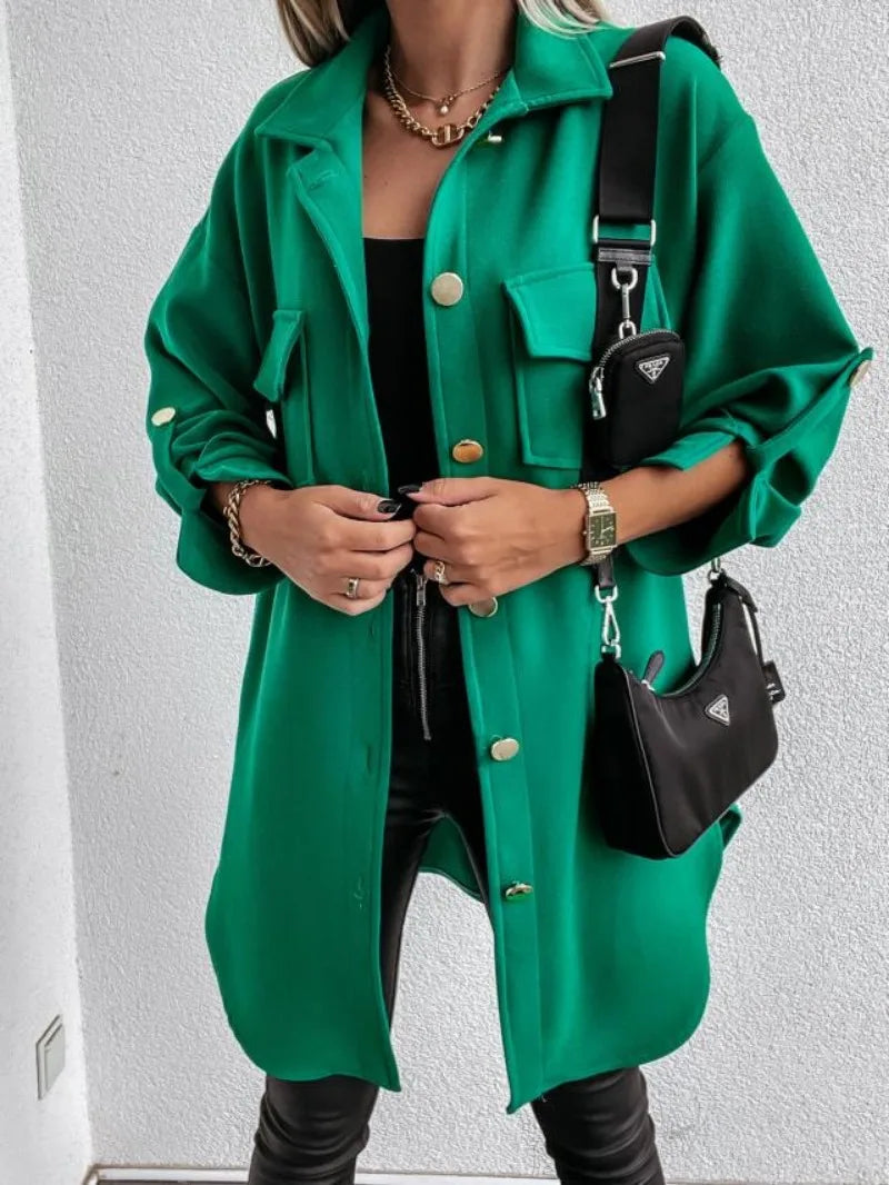 Women's Clothing Autumn and Winter New Fashion Commuter Pocket Solid Color Sleeve Button Decoration Long Shirt Coat