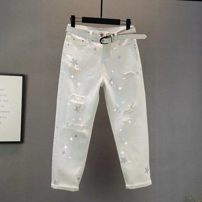 White Black Hole Summer Thin Baggy Jeans Women Streetwear Harajuku Pants Denim Trousers  Hot Drilling Pantalones Mujer