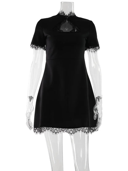 Lace Patchwork Hollow Out Bodycon Sheath High Collar Women Dresses Half Sleeves Outfits Sexy Club Fashion Female Mini Vestidos