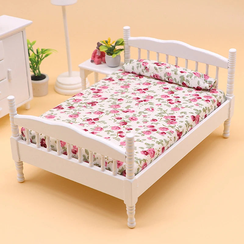 1:12 Dollhouse Miniature Double Bed Model European Bedroom Scene Furniture Accessories For Doll House Decor Kids Play Toys Gift