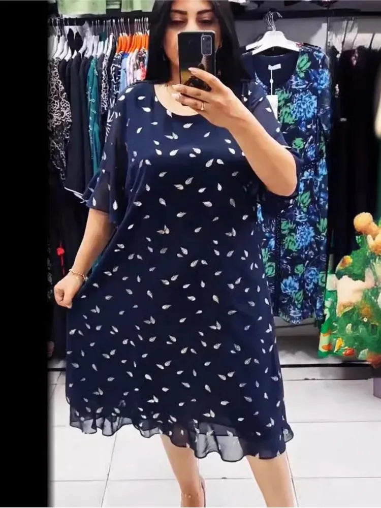 Fashion Print Midi Dress Summer Round Neck Short Sleeve Casual Loose Dress Elegant Women Splice Chiffon A Line Dresses Vestidos