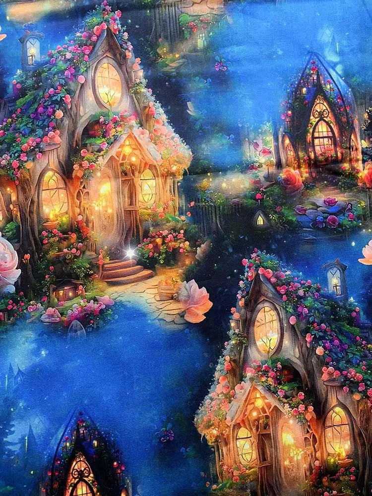 Cotton Fabric Digital Printing HD Fairy Tale Dream House Elf for DIY Handmade Sewing Clothes Bags Dresses by Half Meter