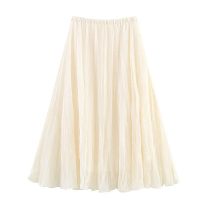 HH Women Elegant Yellow Pleated Long Skirts Elastic Waist Loose Casual High Waist Skirt Female A-Line Solid Tulle Skirt