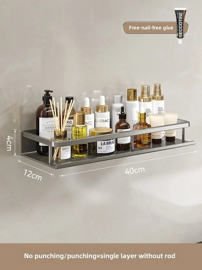 Bathroom storage rack, non perforated washbasin, hand washing and shower area, shower gel wall storage rack