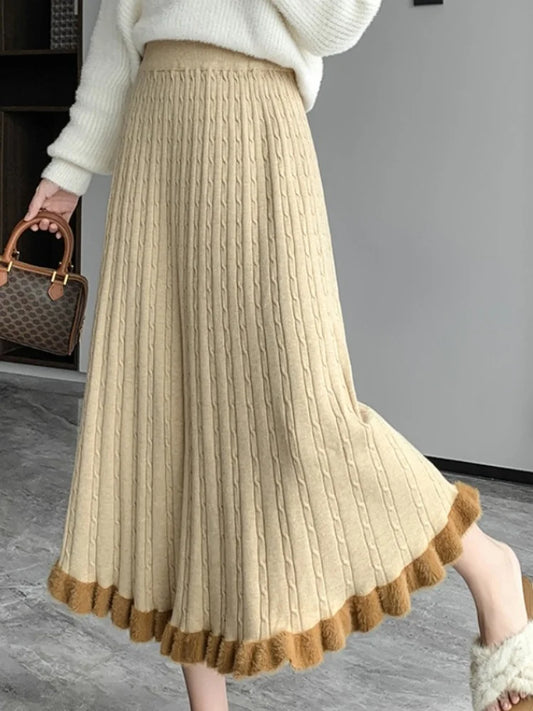 SMTHMA Mink Fur Skirt For Women's 2026 New Autumn Winter Elastic High Waist Knitted Skirt Ladies Mid Ruffle Pleated Skirt