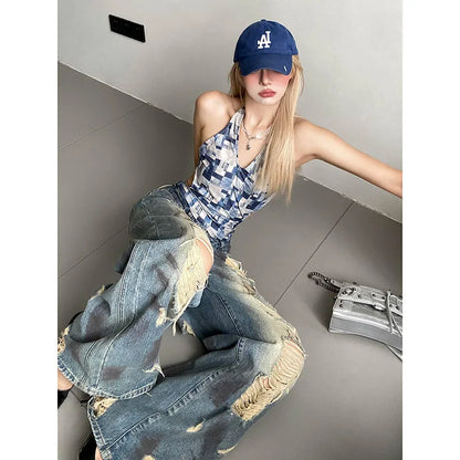 Women Ripped Blue Y2k Jeans Harajuku Streetwear Denim Trousers Aesthetic Jean Pants Vintage Japanese 2000s Style Trashy Clothes