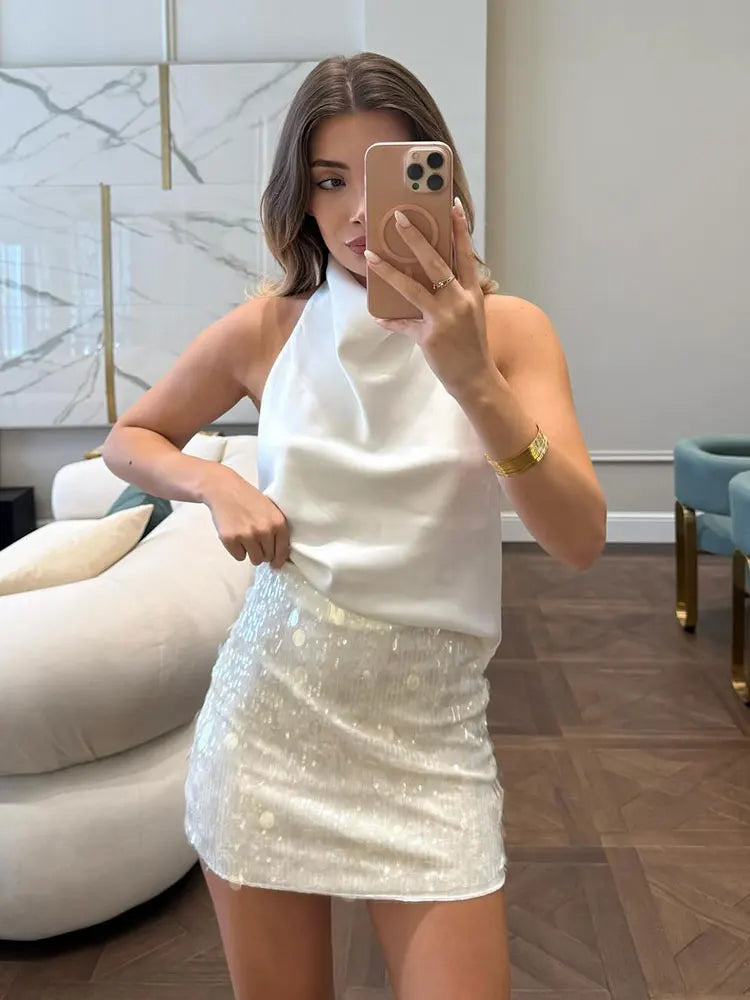 HH Women Fashion Shinny Sequin Mini Skirts Side Zipper High Waist A Line Skirt Summer Woman Elegant Club Party Sexy Lady Skirts