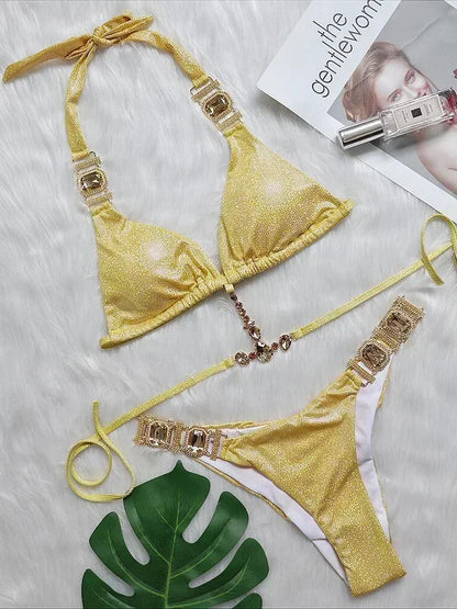 Halter Crystal Rhinestone Diamond Bikini 2025 Female Swimsuit Women Swimwear Two Pieces Bikini set Brazilian Bathing Suit Swim