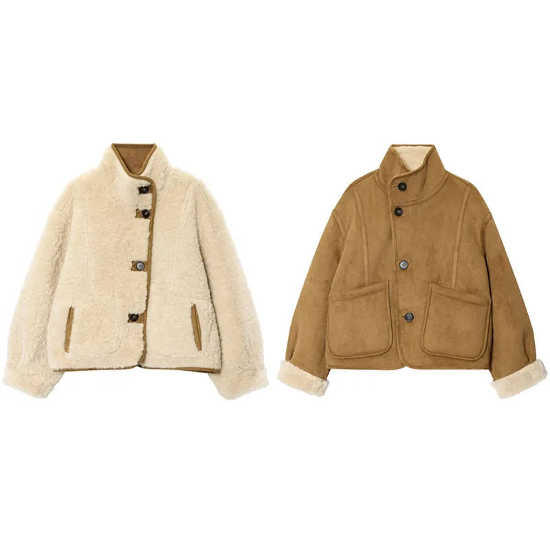 Vintage Furry Leather Women Winter Coats Big Lapel Long Sleeve Zipper Warm Outerwear 2025 Winter Chic Lady Street Short Jackets