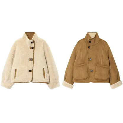 Vintage Furry Leather Women Winter Coats Big Lapel Long Sleeve Zipper Warm Outerwear 2025 Winter Chic Lady Street Short Jackets