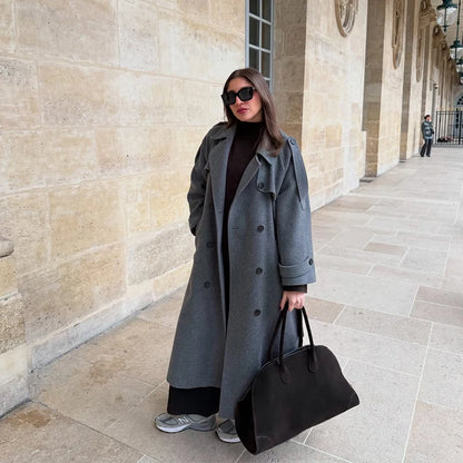Elegant Solid Women Woolen Long Coats Loose Lapel Double-breasted Full Sleeve Shoulder Pads Overcoat 2026 Spring New Outerwears