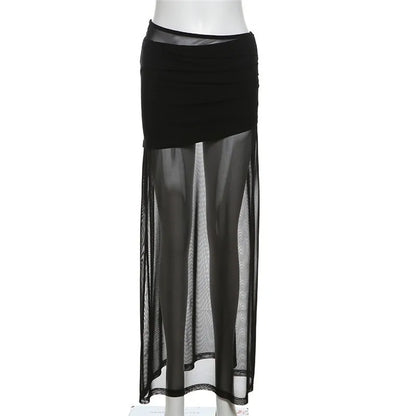 Sylcue Mesh Patchwork Long Skirts Women 2025 New Trend Ruched Elastic Waist Street Fashion Versatile Y2K Style Elegant Bottoms