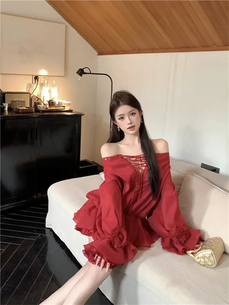 New Fall Sexy Slash Neck Red Super Mini Dress Women Lace Up Straps Short Shirt Fashion Flare Sleeve Ballet Off Shoulder Blouse