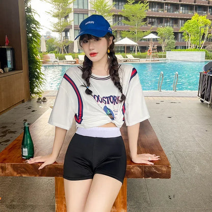 Swimsuit Women Split 3 Piece Set Korean Cartoon Print Cover Up Sport Boxer Shorts Tank Top Mesh Jersey Sun-proof Beach Swimwear